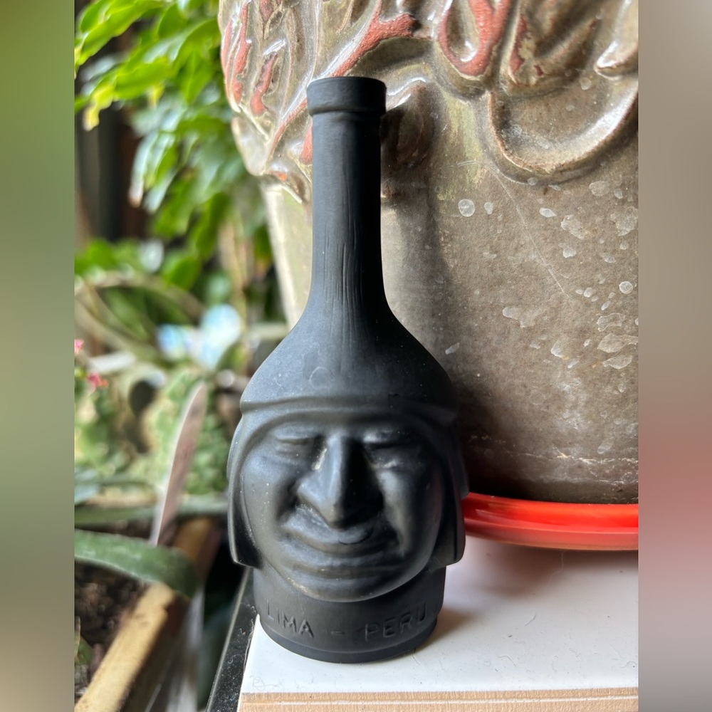 Ranuzzi Inca Pisco Liquor Bottle - Aztec Head Figural Decanter - Matte Black